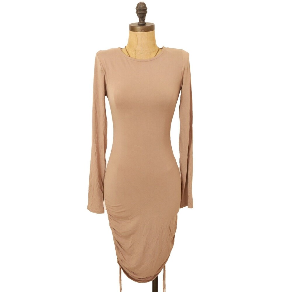 Melrose and Market Midi Dress Size XS Side Ruched Long Sleeve Tan Burros NWT B44